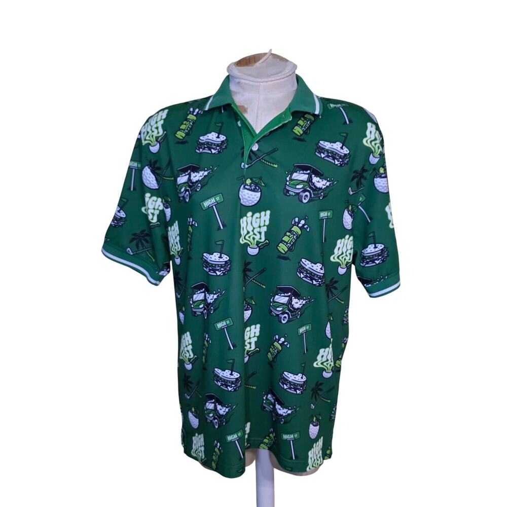 High Street Men's Short Sleeve Green Golf Clubs Cart‎ Palms Polo Shirt Size S